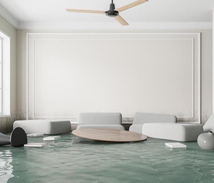 Living room flooded with water and furniture floating in the water