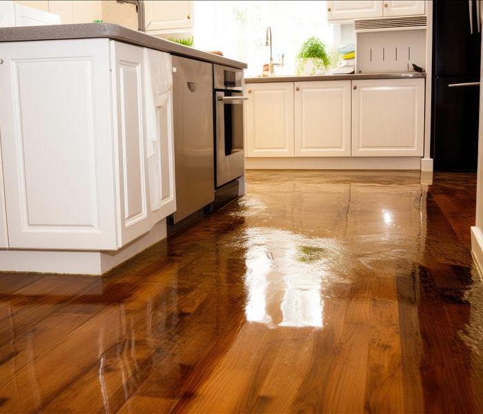 closeup view of a waterlogged hardwood kitchen floor caused by an appliance leaking nearby